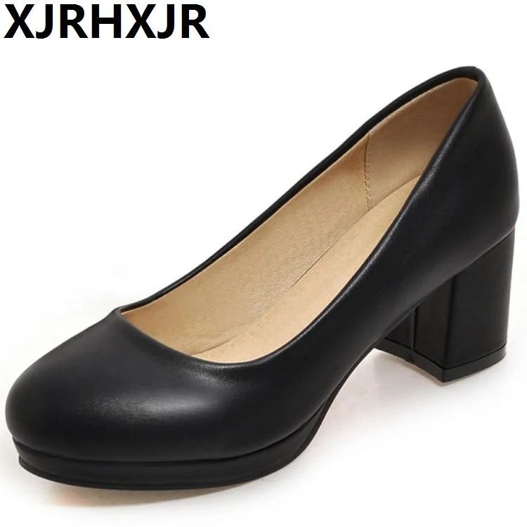 

XJRHXJR Brand Plus Size 32-43 Women Pumps Fashion Sexy Elegant Round Toe Square High Heel Office Lady Woman Shoes Black Red