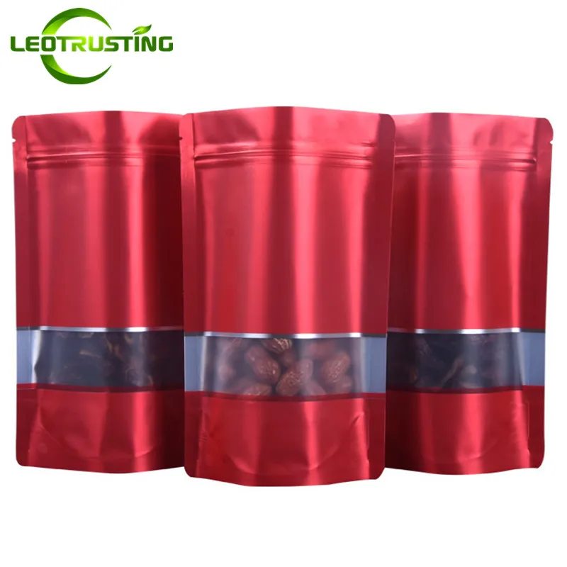 

Leotrusting 100pcs Stand up Matt Red Aluminum Foil Window Ziplock Bag Coffee Powder Nuts Storage Bag Frosted Window Gift Pouch
