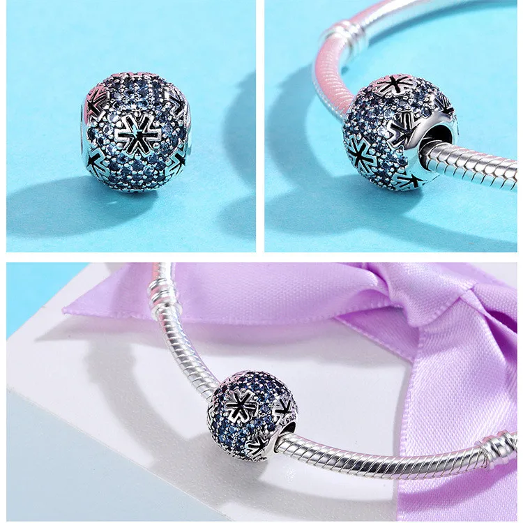 BISAER 925 Sterling Silver Blue CZ Winter Snowflake Crystal Beads for Women Jewelry Making Original Silver Charm Bracelet Gifts