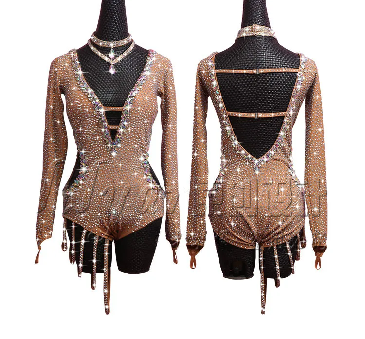 

Full Body Diamond Latin Dance Dress Women Dark Complexion Long Sleeve Deep V-neck Chain Full Drill Salsa Dance Skirt Costume