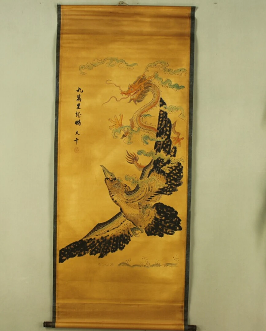 

Antique painting traditional Chinese Dragon and Phoenix painting scroll painting,old paper painting