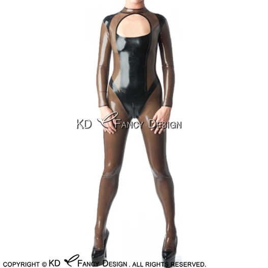 

Black With Transparent Brown Sexy Latex Catsuit With Long Sleeves Front Open Rubber Bodysuit Zentai Overall Body Suit LTY-0229