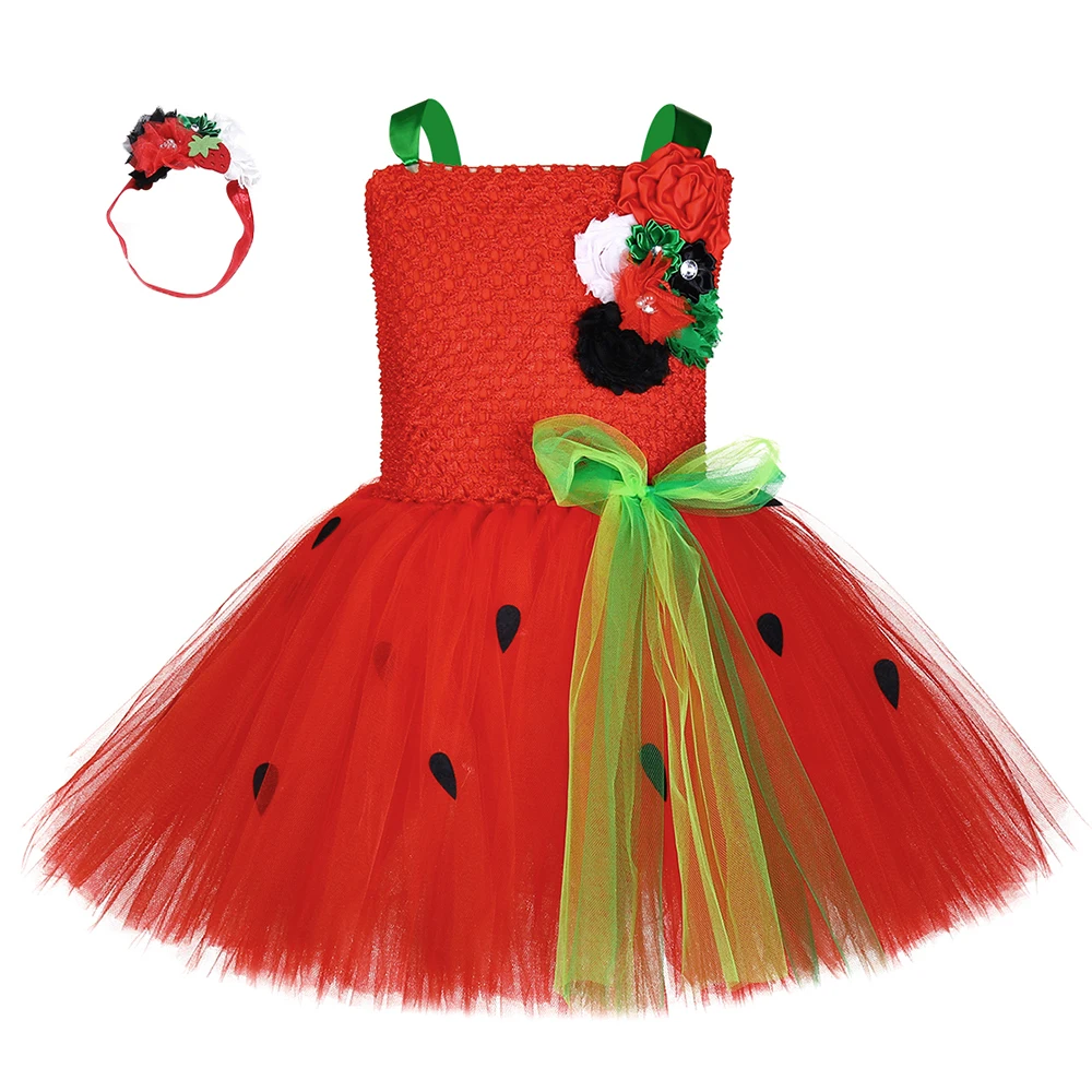 Арбузное платье-пачка для девочек с повязкой на голову, летний костюм для детей ясельного возраста, красный, зеленый, черный, в горошек, с фруктами, для ролевых игр на Хэллоуин, день рождения