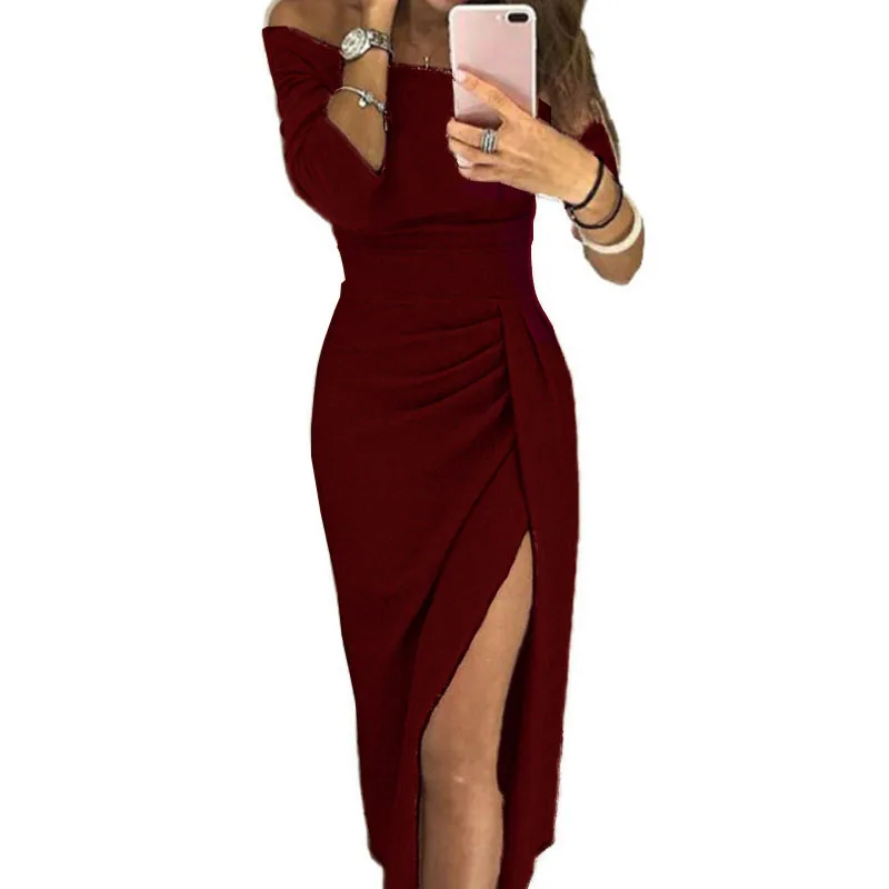 Женское сексуальное платье с разрезом, элегантная посылка, платье для хип-клуба, Осень-зима, серые вечерние платья с открытыми плечами, Femme Robe PL0160M - Цвет: Wine Red
