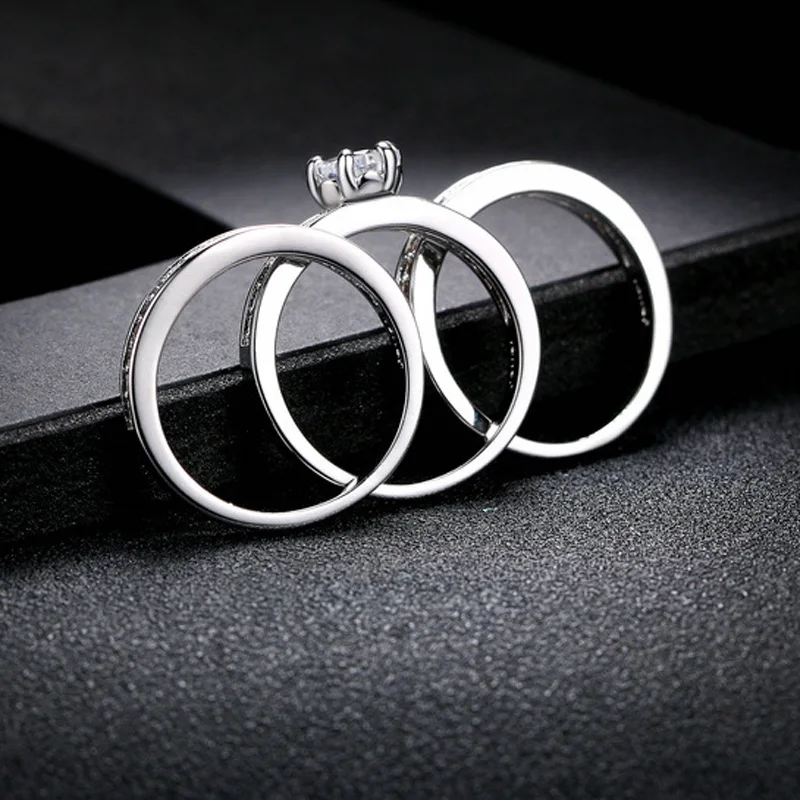Silver Plated Crystal CZ Couple Rings Set for Men Women Lovers Jewelry Engagement Wedding Ring
