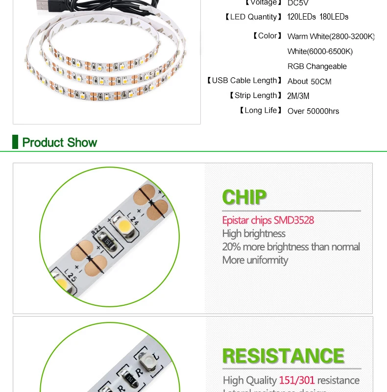 Гудленд USB Светодиодные ленты Light 2 м 3 м USB светодиодный ленты DC 5 В SMD 3528 светодиодный ленты белый/ теплый белый свет гибкая ТВ фонового