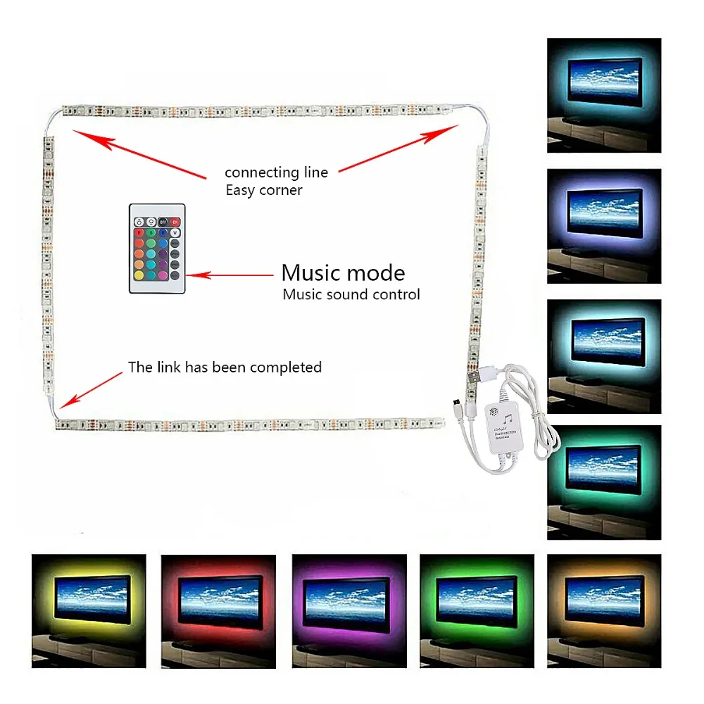 ТВ с разноцветными музыка Активированный Светодиодные ленты IP65 Водонепроницаемый с USB 2 m светодиодный светильники крючок