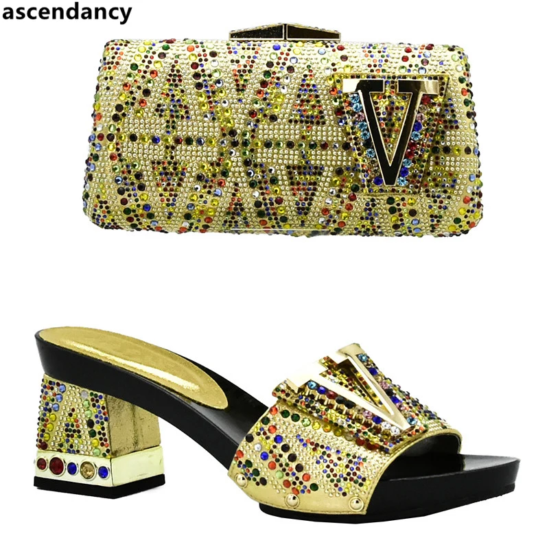 Latest Nigerian Party Shoe And Bag Sets Decorated With Rhinestone African Matching Shoes And 