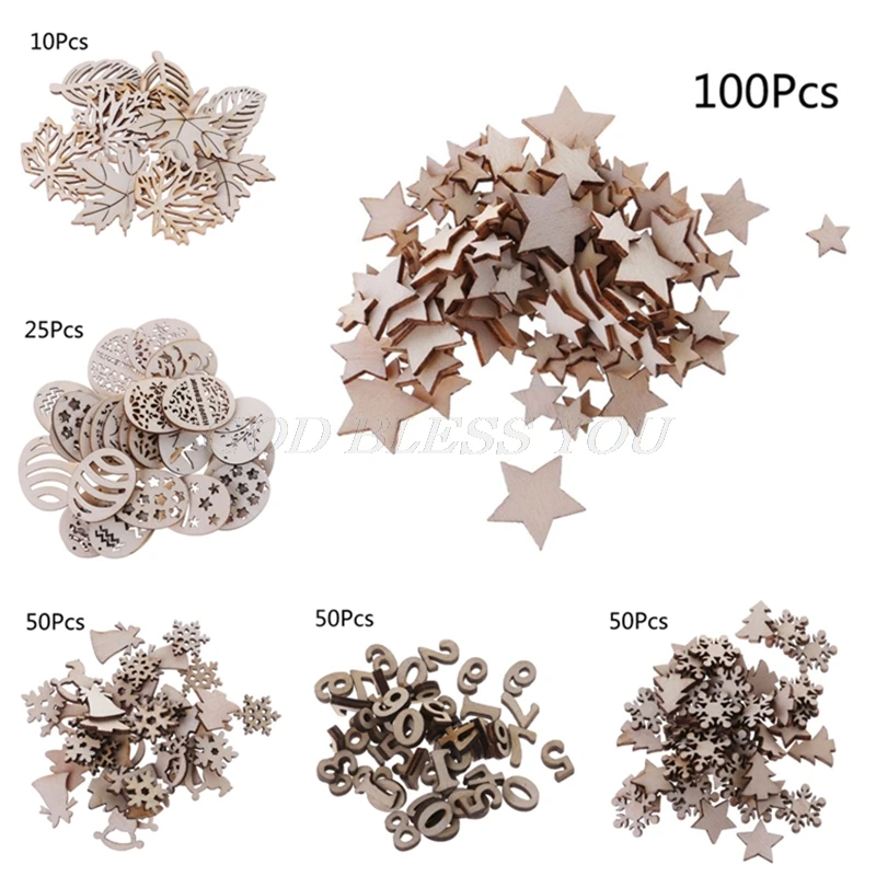 

10/25/50/100pcs Laser Cut Wood Embellishment Wooden Festival Christmas Easter Egg Star Number Leaves Shape Craft Wedding Decor