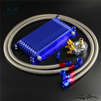 

10 Row Oil cooler w/ Mounting Bracket+176F /80 Deg Thermostat Adapter Hose Kit Blue