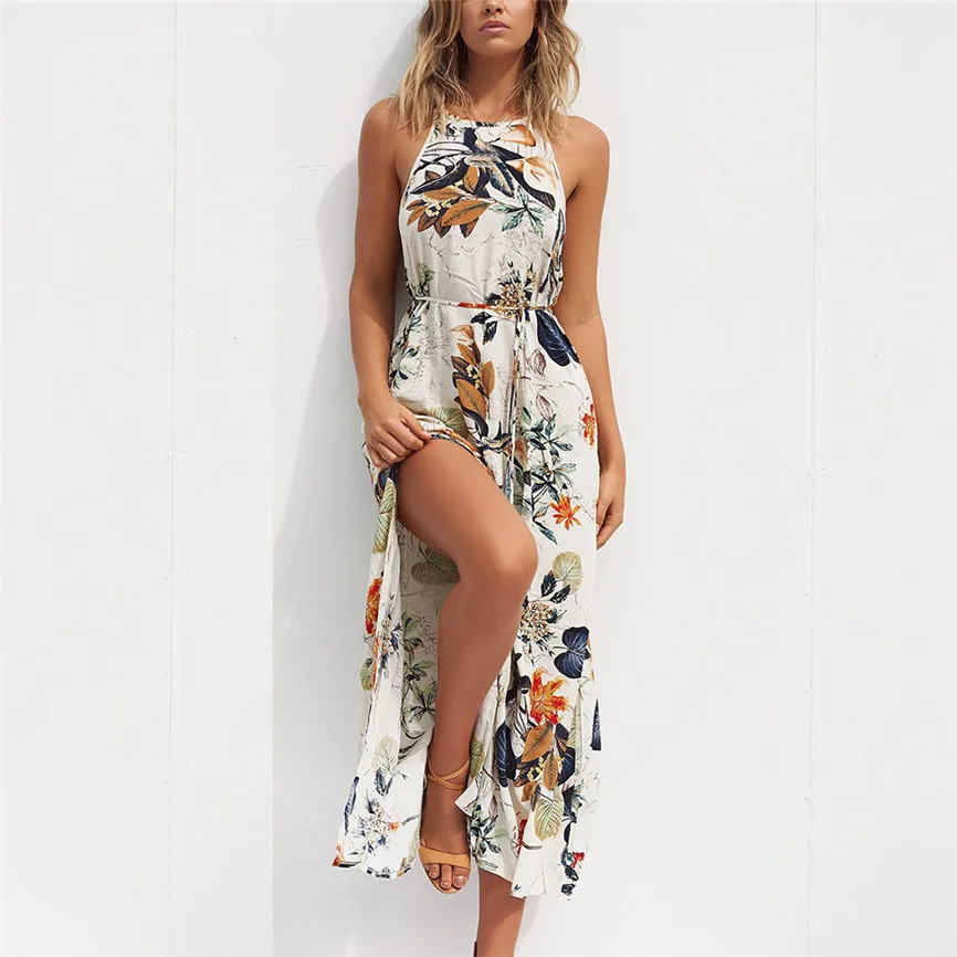 

Plus Size Dress Summer Women Beach Floral Flower Long Sleeveless Sexy Halter Dress Dresses Woman Party Night Vestidos J#29