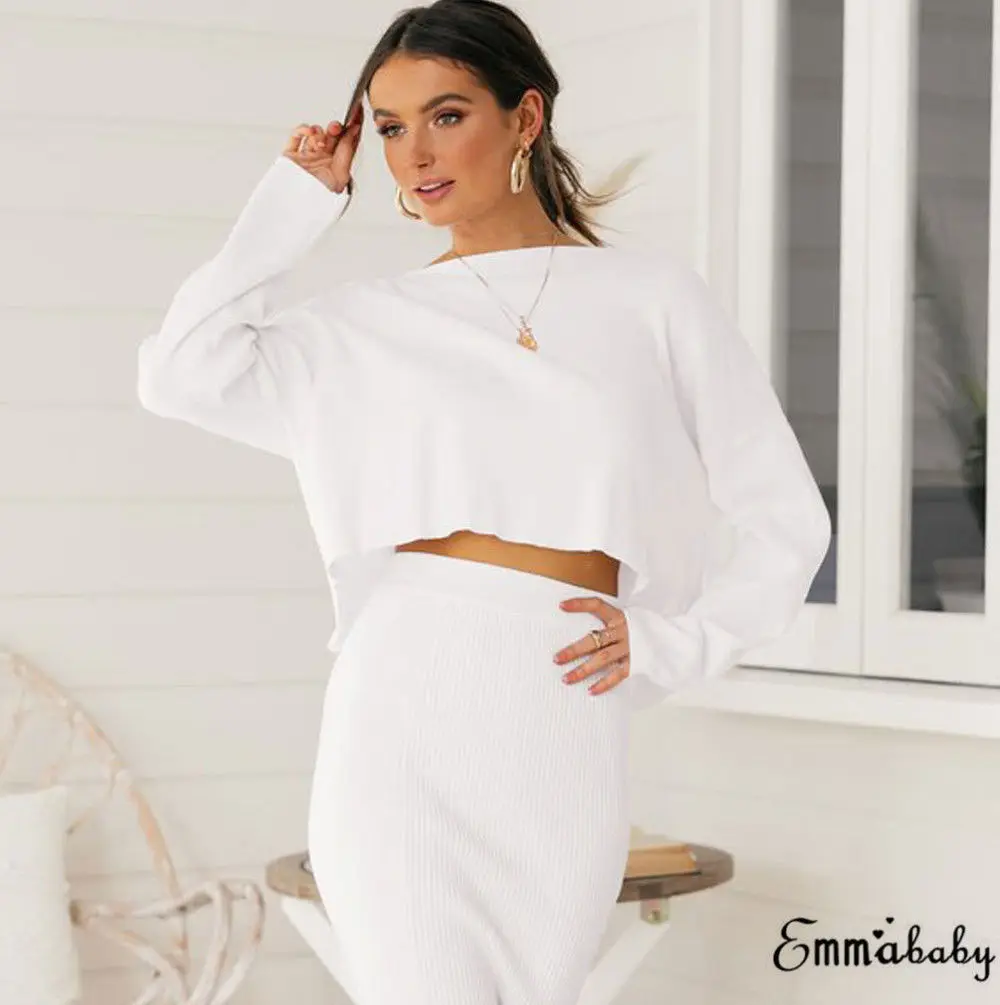 

Sexy 2 Piece Set Women Suit Fall Outfits Black White Batwing Sleeve Loose Crop Top Knit Long Skirt