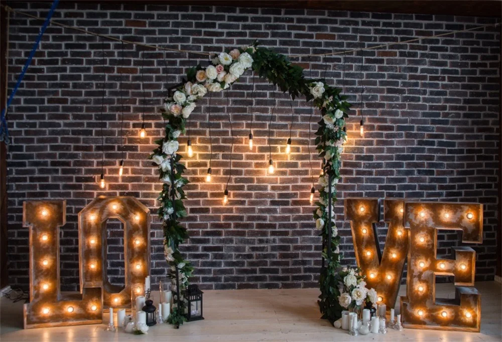

Laeacco Love Bulb Arc Door Flowers Brick Wall Photography Backgrounds Customized Photographic Backdrops For Photo Studio