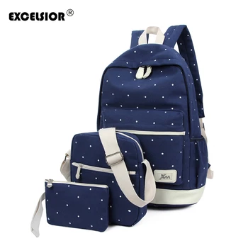 

EXCELSIOR Women's Bag Fashion Backpacks Set For Teenage Girl Canvas Rucksack Fresh with Dots Print Fashionable Bags Spring Style