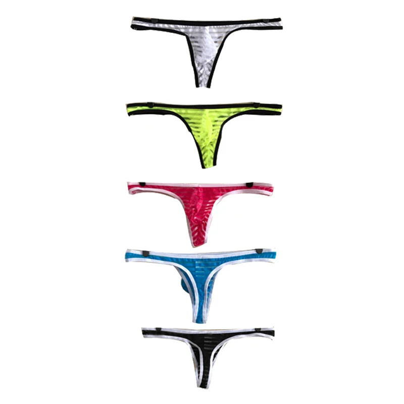 

Hot Sale Thongs Mens Sexy Underwear Underpants Striped See Through Sheer Male Thong T Back U Convex Pouch