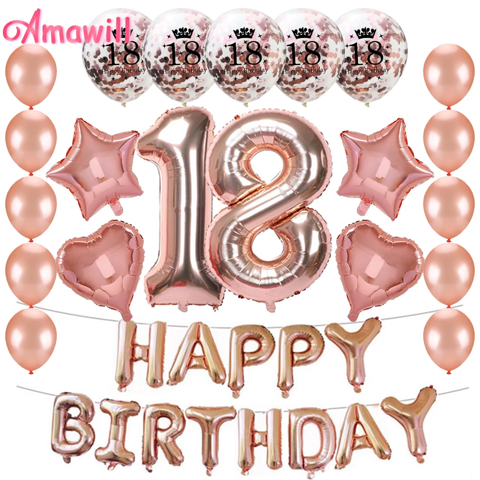 Amawill письмо с днем рождения Numer 18 фольги воздушный шар розовое золото конфетти воздушные шары для 18-летнего дня рождения украшения для взрослых 75D - Цвет: 18th