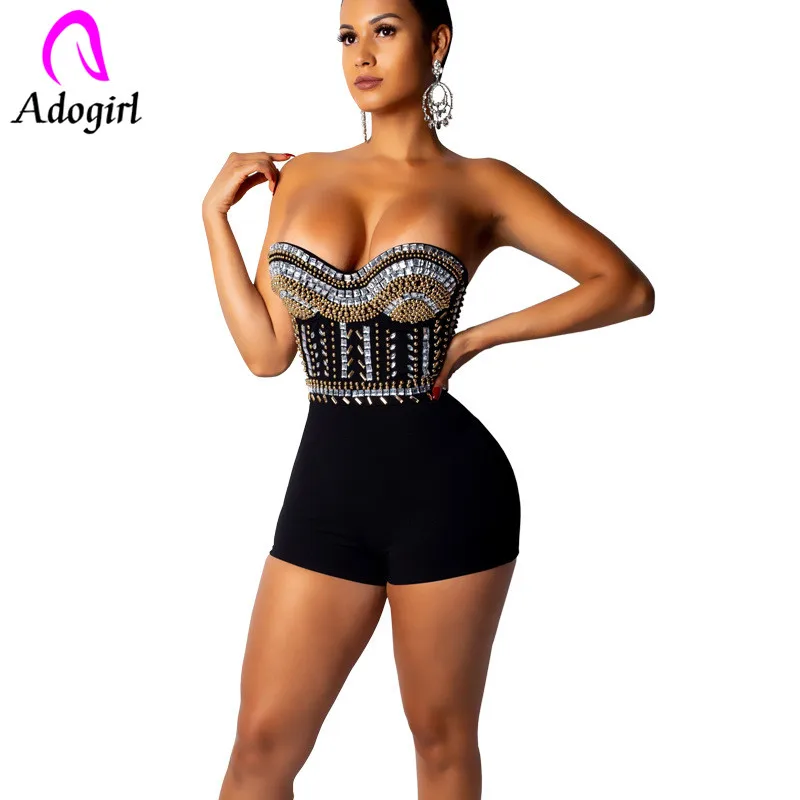 

Adogirl hot drilled sequined bodysuits night club sexy bodysuits strapless patchwork short pants playsuits low waist satin suits