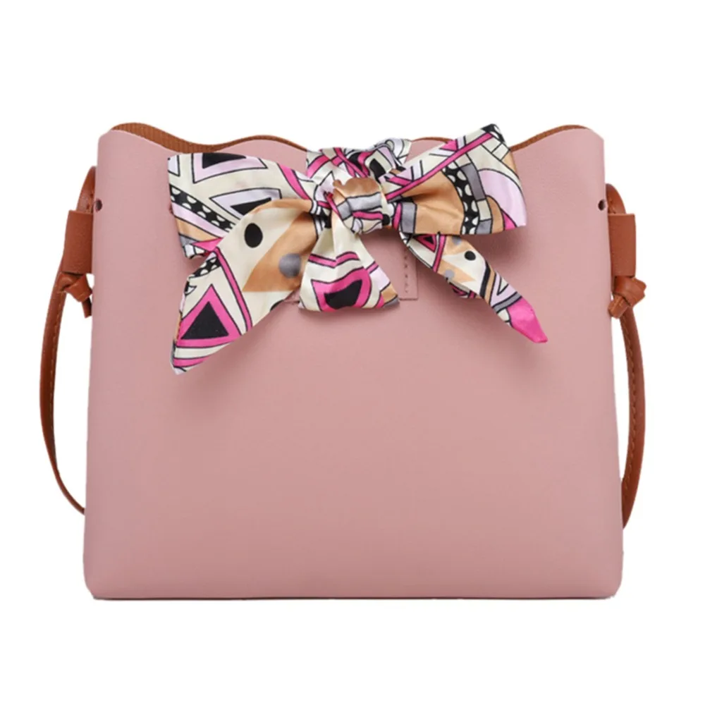 Women Bowknot Cute Bags Bucket Leather Shoulder Sling Bags For Girls Scarf Drawstring Handbags