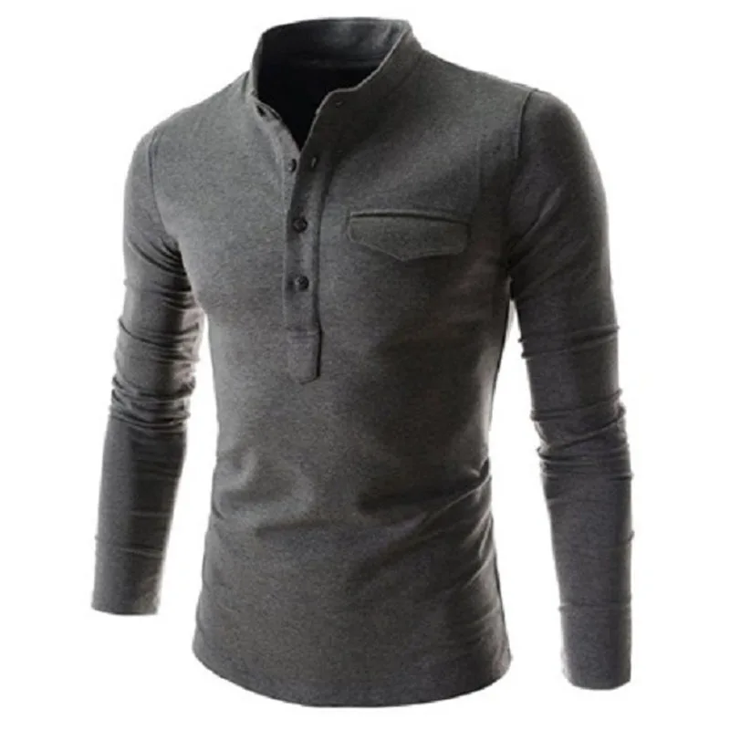 Мужская рубашка поло,, корейский стиль, с карманами, дизайн раковины, мужская, одноцветная, простая, повседневная, тонкая, с длинным рукавом, рубашка поло, топы, футболки, M-XXL - Цвет: Dark Grey