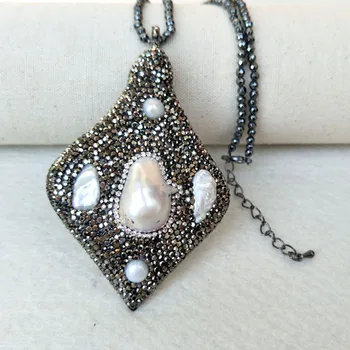 

3Strands Hematite beads Chains necklace Nature Baroque Pearl Pendant Charms Pave Crystal Rhinestone women Jewelry necklace NK286