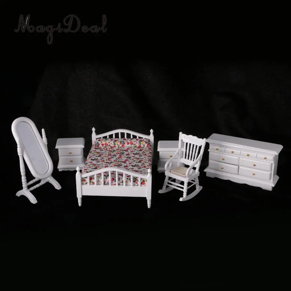 European Retro Design 1:12 Dollhouse Miniature White Wooden Bedroom Double Bed Dresser Mirror Chair Furniture Accs Kids Toys