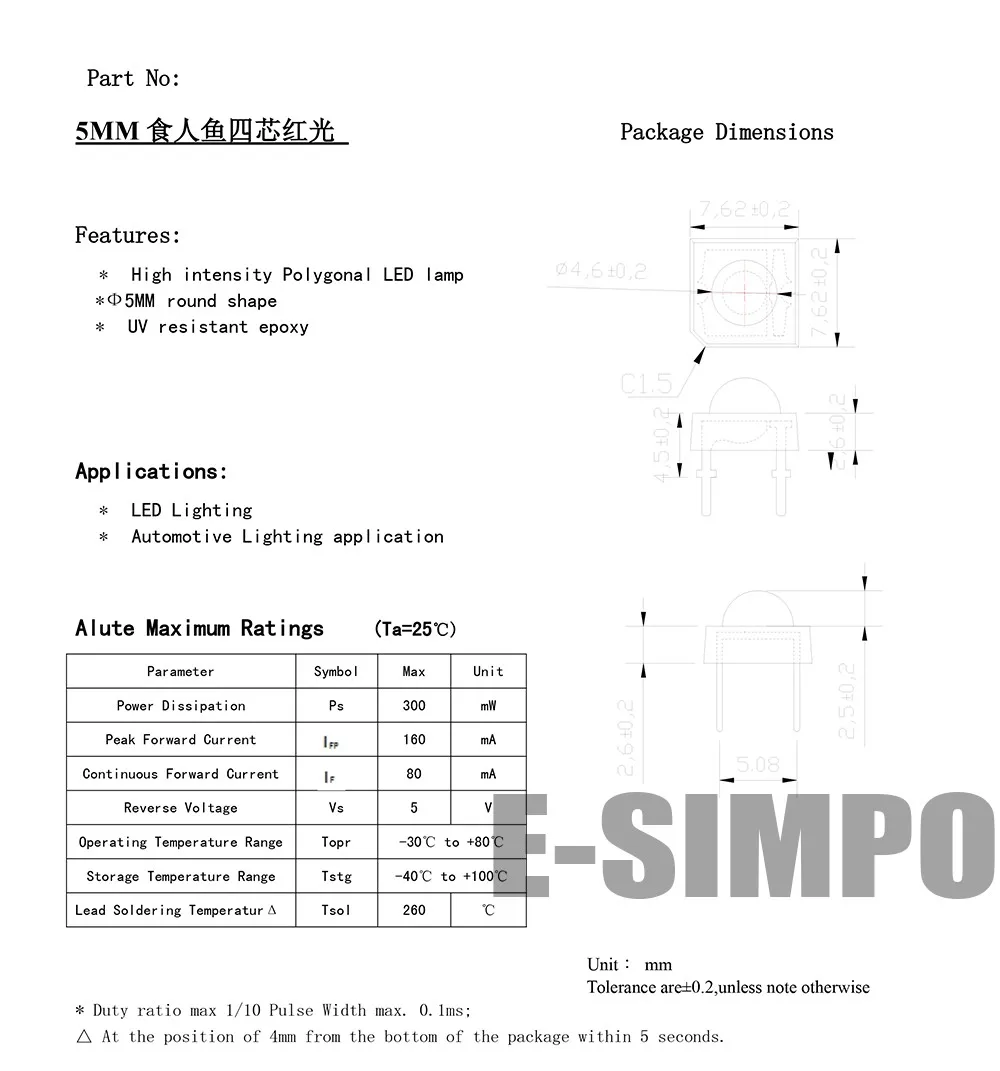 5MM 4chip 80ma red piranha