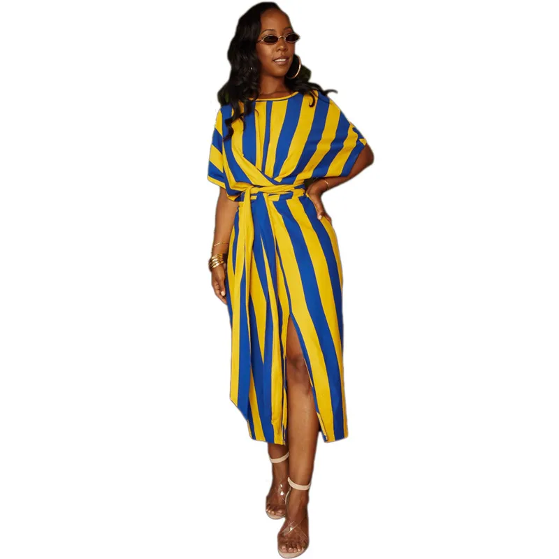 

Blue Striped Casual Midi Dress Women Summer Streetwear Short Sleeve Front Split Calf Length Dresses Elegant Party Dresses Sashes