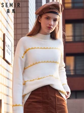 SEMIR Women Fine Knit Sweater Contrasting Stripe Women's Dropped Shoulder Sweater with Ribbed Mock Turtleneck Cuff and Hem mock neck cold shoulder sweater