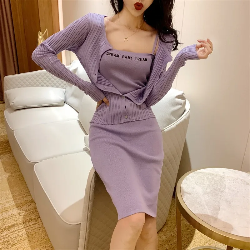 

Women Sexy Dress Sets Female 2019 Spring Summer Spaghetti Straps Knitted Pencil Mini Dress&Thin Cardigan Suits Two Pieces Sets