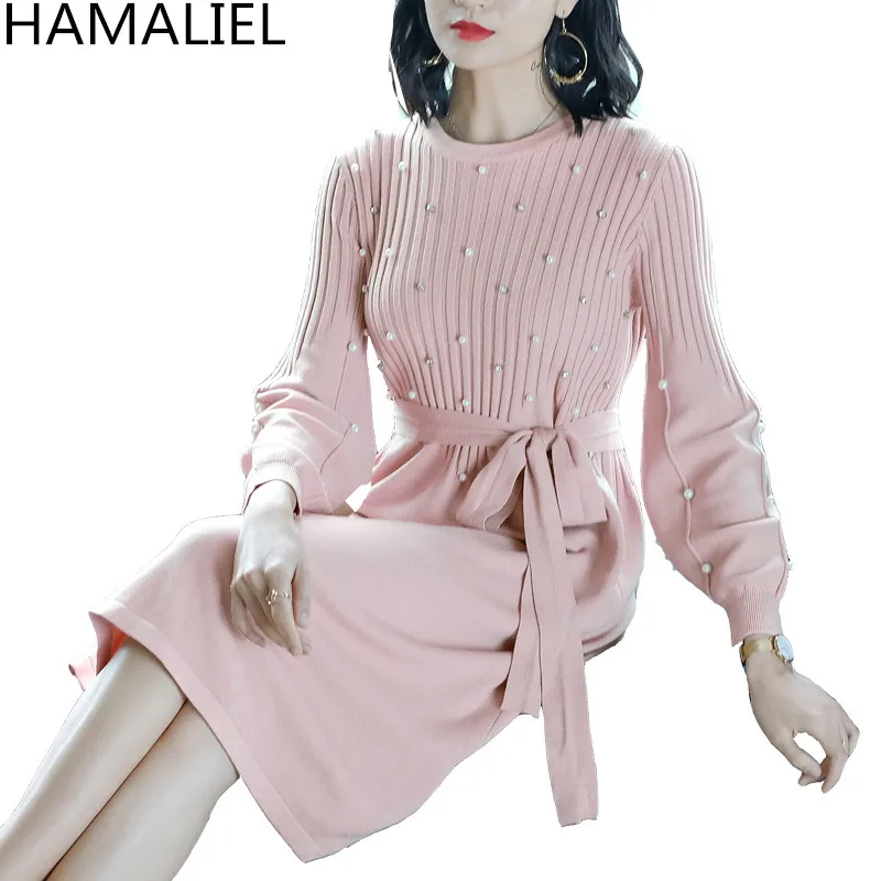 Женское трикотажное платье HAMALIEL Vestidos розовое осеннее с длинным