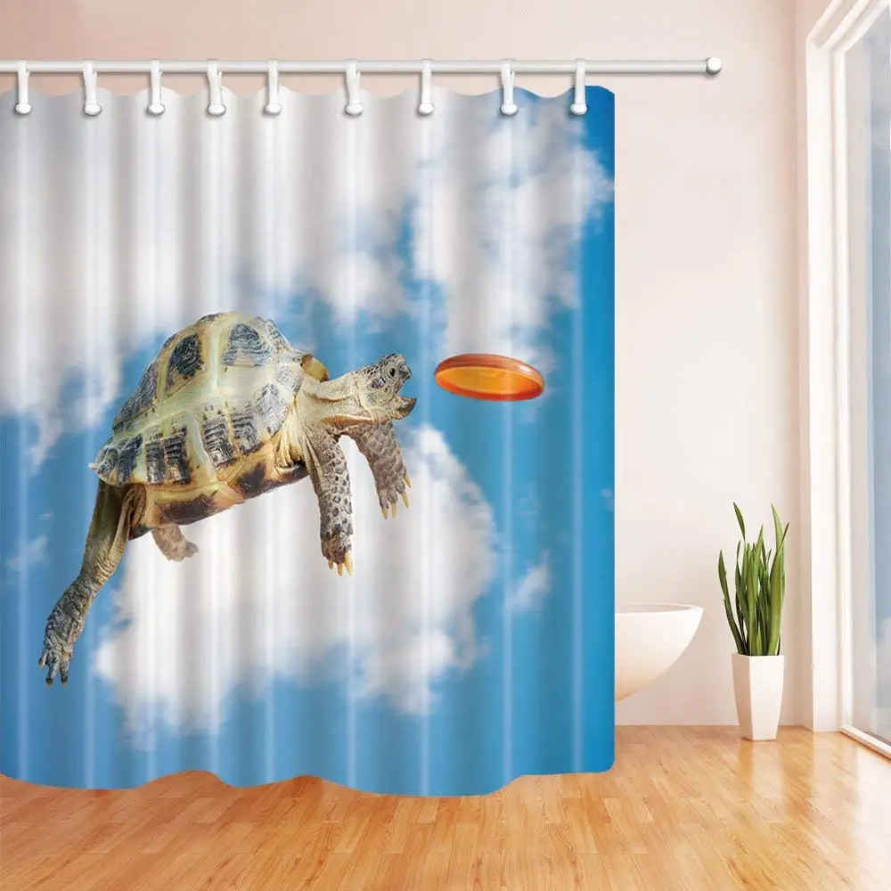 Animal Turtle Pattern Theme Shower Curtain Jumping Orange Frisbee Blue Sky White Cloud For Lovers | Дом и сад