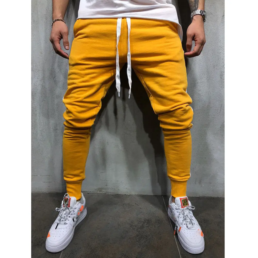 Новинка, мужские обтягивающие облегающие штаны, повседневные длинные штаны для бега с буквенным принтом сбоку, флисовые штаны для спортзала с карманами на молнии, M-2XL - Цвет: Цвет: желтый