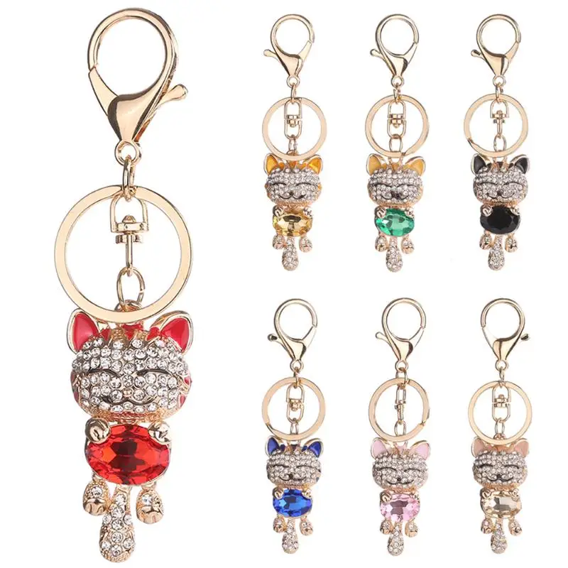 

Lucky Smile Cat Keychain Crystal Rhinestone Keyrings Purse Bag Car Animal Keychains Fashion Jewelry Key Ring 7 styles Keychains