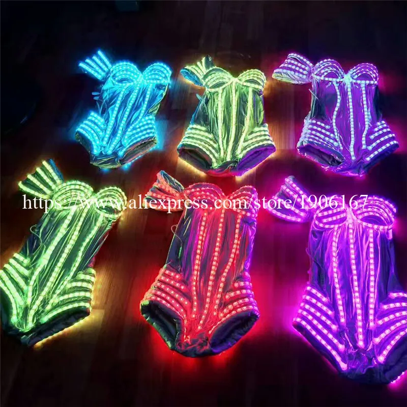 

Wholesale 6 Sets Led Luminous Sexy Lady DS Party Evening Dress LED Light Up Growing Stage Performance DJ Singer Dancer Clothes