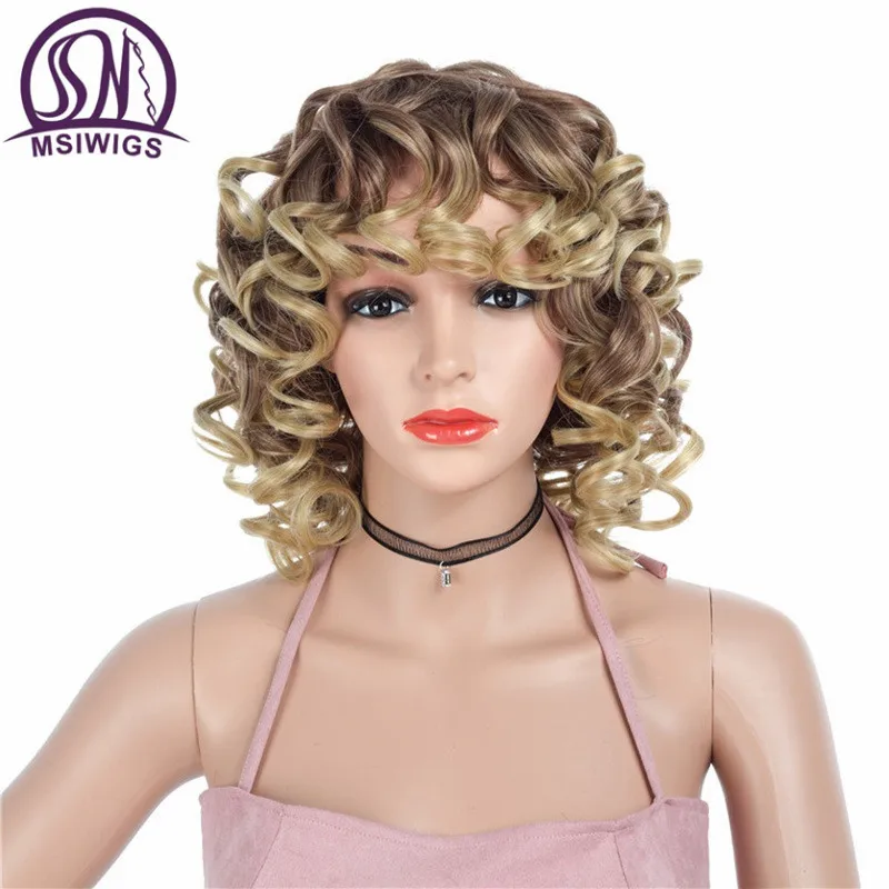MSIWIGS Ombre блондинка вьющиеся короткие парики с челкой черный синтетический