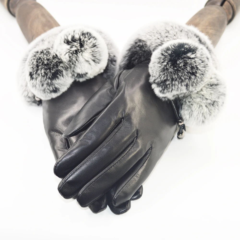 Real Rex Rabbit fur Leather Gloves Women Black Sheepskin Genuine Leather Gloves Winter Warm Soft Sheepskin Leather Gloves