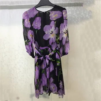 

Fashion Dress for Women Silk Long Sleeve O-neck A-line High Quality Dress for Lady Summer Party Elegant Print Lady dress