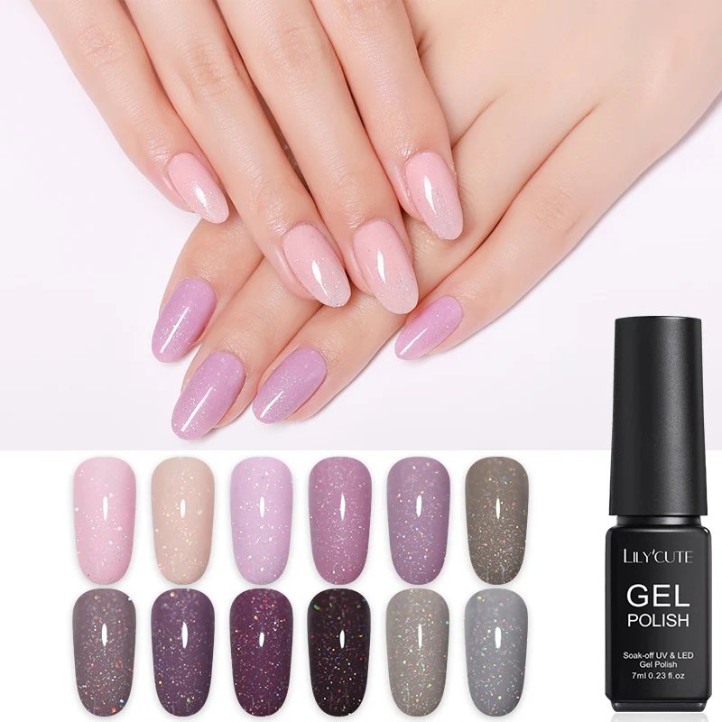 

LILYCUTE 7ml Glitter UV Gel Polish Pink Colorful Shimmer Long Lasting Natural Resin Soak Off Gel Polish Nail Art Varnish Design