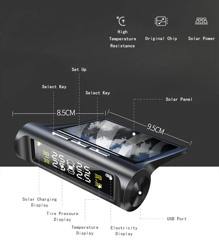 C240 TPMS Солнечная энергия Система контроля давления в шинах универсальные беспроводные дисплеи в реальном времени 4 внешних/внутренних TPMS датчика