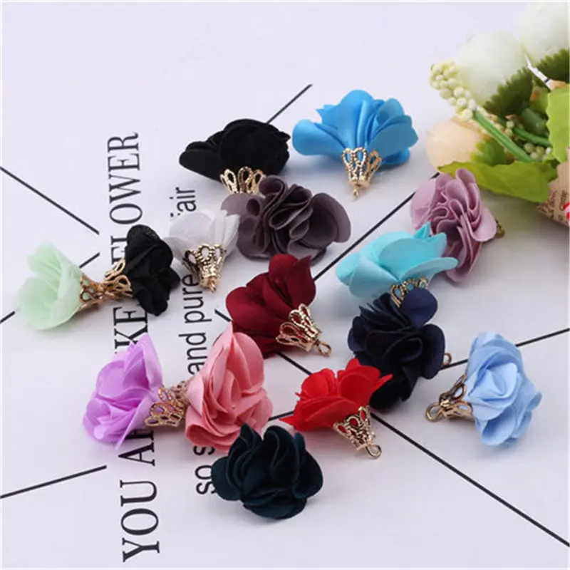 

50PCS/LOT Fabric Flower Tassel Pendants for Keychain Cellphone Straps Earring Making Accessories DIY Jewelry Finding