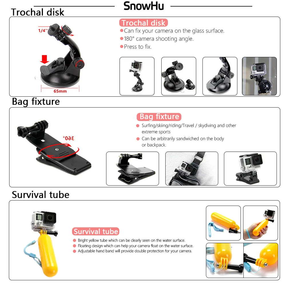 Аксессуары snowhu для gopro аксессуары набор для gopro hero 8 7 6 5 4 3 комплект для камеры Xiaomi sjcam аксессуары GS38