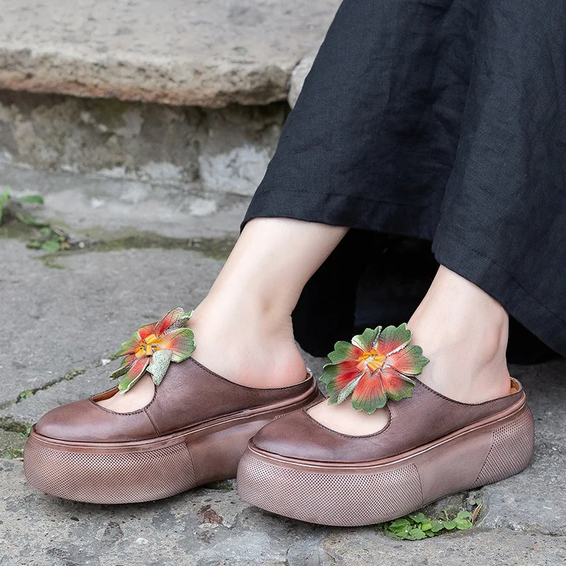 

new arrival 2019 women summer genuine leather flower medium heel shoes female sandals handmade slippers slides T58527-16