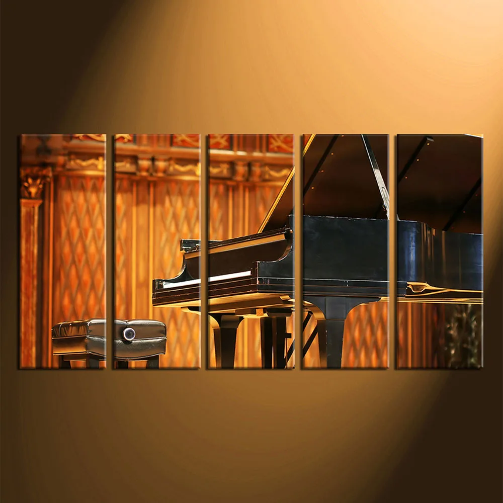 5 Piece Multi Panel Art Orange Photo Canvas Grand Piano Large Pictures Music Photography Musical Instrument Wall | Дом и сад