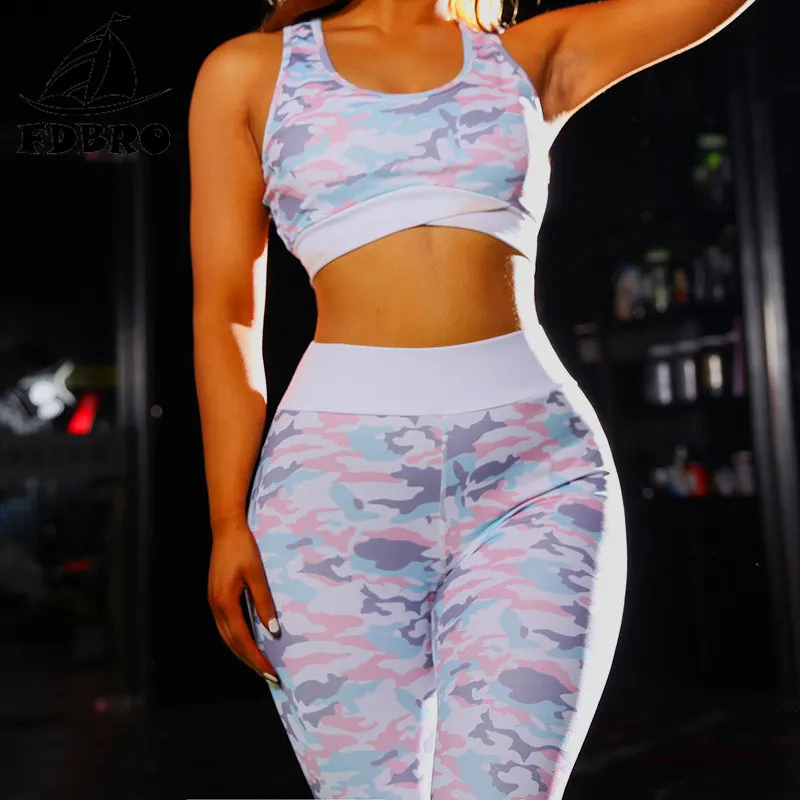 

FDBRO Fitness Gym Sportswear For Women Capri Clothing High Impact Camouflage Printing Yoga Set High Waist Elastic Yoga Suit