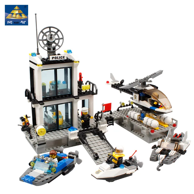 KAZI Police Station Legos Building Blocks Helicopter Boat Model Bricks