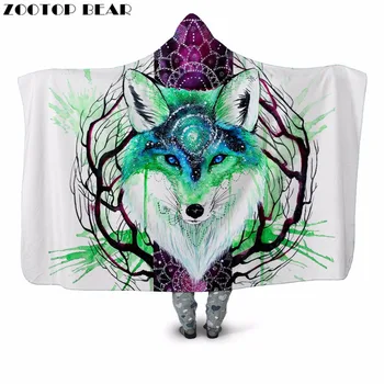 

Wolf 3D Printed Plush Hooded Blanket for Adult Fashion Youth Warm Wearable Couch Fleece Throw Blanket Home Office Washable Cloak