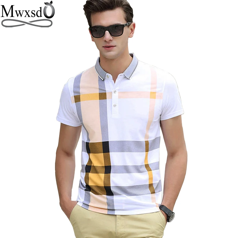 Mwxsd brand casual men's plaid polo shirts short sleeve men cotton ...