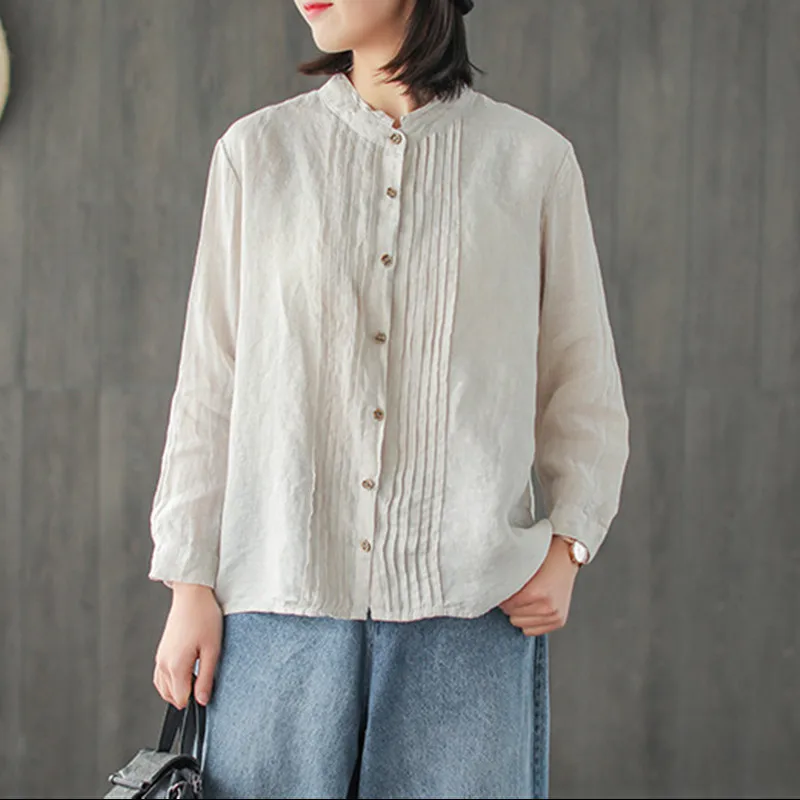 

Johnature Spring Casual Vintage Style Cotton Linen Top Regular full-sleeve Button Solid Color Loose Stand Collar Women Blouse