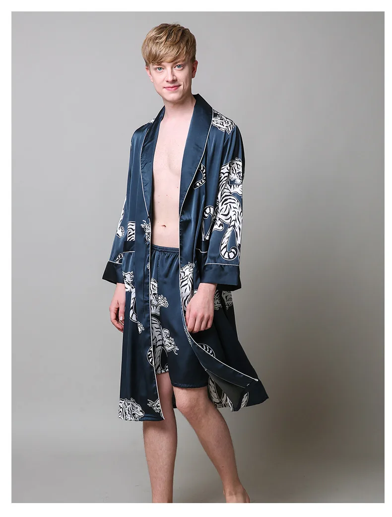 Two-Pieces Silk Nightgown Satin male Sleepwear Loose Tiger Dress Silky Long Sleeve Robe and Long Pants bathrobe set for Men mens pjs