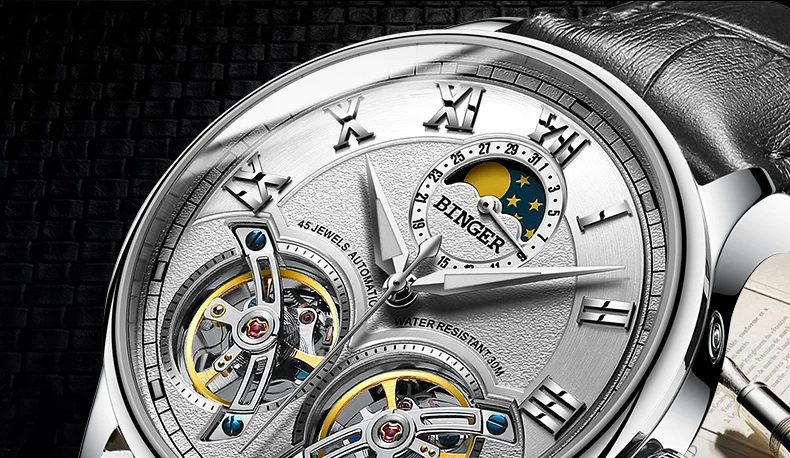 Швейцарские мужские часы с двойным Tourbillon, BINGER, автоматические часы для мужчин, модные механические наручные часы с кожаным ремешком